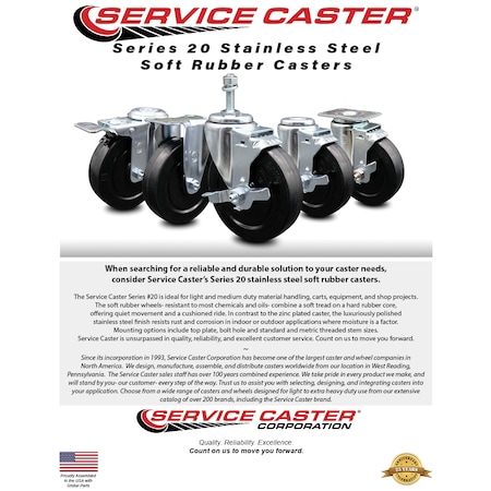 Service Caster 5 Inch SS Soft Rubber Wheel Swivel Top Plate Caster SCC-SS20S514-SRS